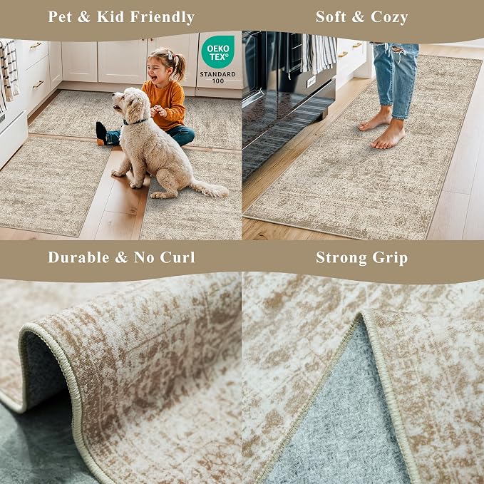 Kitchen Rugs Sets of 3,Washable Non-Slip Kitchen Mats for Hardwood Floor, Boho Farmhouse Kitchen Runner Rug for Sink,Entryway & Hallway & Bathroom (Beige Brown, 2x3+2x4+2x5)