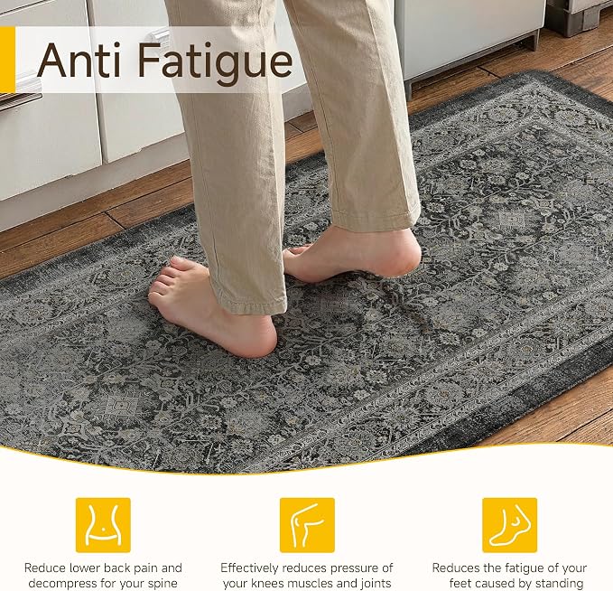 PureCozy Kitchen Mats 2PCS Anti Fatigue Cushioned Mat Black Vintage Kitchen Mats for Floor Waterproof Non Slip Comfort Standing Distressed Rug for Sink Laundry Office 17.3"x59"+17.3"x30"