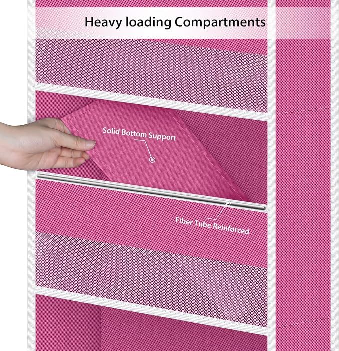 Univivi 6-Shelf Over Door Hanging Organizer Fabric Baby Door Storage with 5 Large Pockets and 3 Small PVC Pockets Wall Mount Hanging Storage Organizers for Baby Essential (Pink)