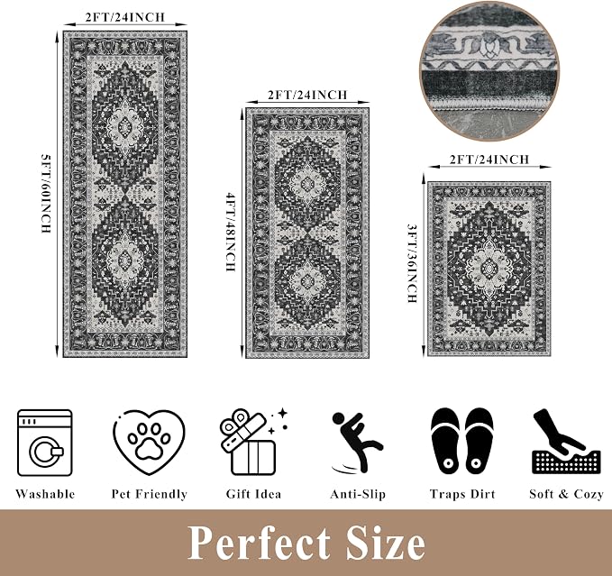 3-Piece Non-Slip Machine Washable Kitchen Rug Set with Runner – Soft Low Pile Thin Boho Kitchen Rugs for Hardwood Floor, Sink & Entryway, Pet-Friendly (Dark Grey, 2x3,2x4,2x5)