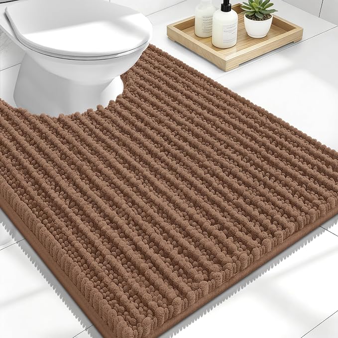 OLANLY Toilet Rugs U Shaped 24x20, Thick Soft and Absorbent Chenille Contour Bath Mat, Non-Slip Rubber Backing, Machine Washable Quick Dry Toilet Mat, Home Decor Accessories, Mocha