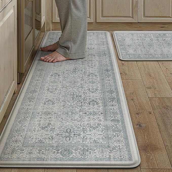 PureCozy Kitchen Mats 2PCS Anti Fatigue Cushioned Mat Blue Vintage Kitchen Mats for Floor Waterproof Non Slip Comfort Standing Distressed Rug for Sink Laundry Office 17.3"x47"+17.3"x30"