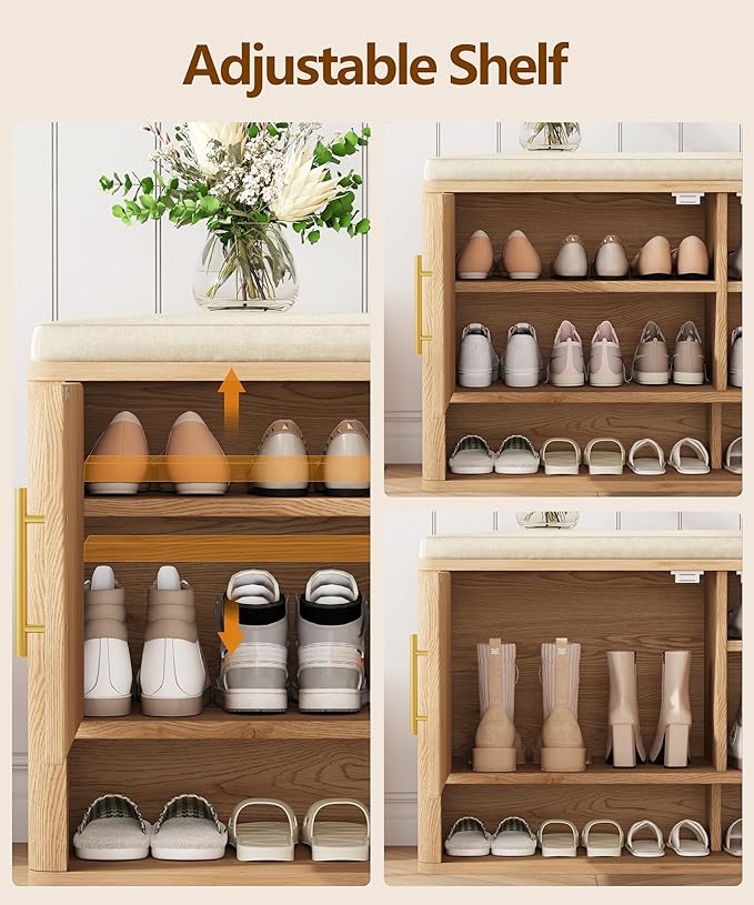 Fluted Shoe Storage Bench with Cushion, Entryway Bench with Adjustable Shelves and Open Bottom Shelf, Hidden Shoe Cabinet Storage for Entryway, Hallway, Living Room, Bedroom, Natural Oak