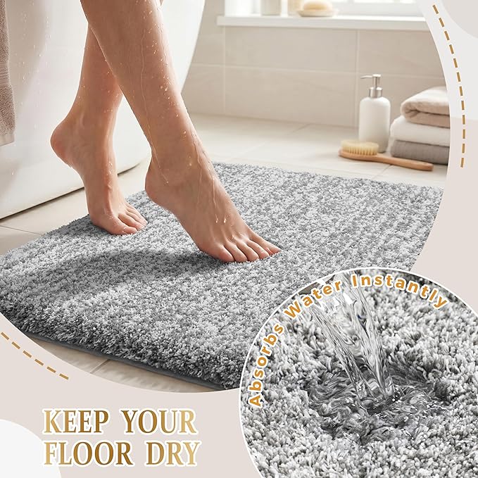 Yimobra Luxury Bathroom Rugs, Fluffy Bath Mats, Non Slip, Water Absorbent Microfiber, Machine Washable, Plush Runner Shower Rugs, Thick Matts for Bathroom Floor&Tub, 60" X 24", Light Gray and White