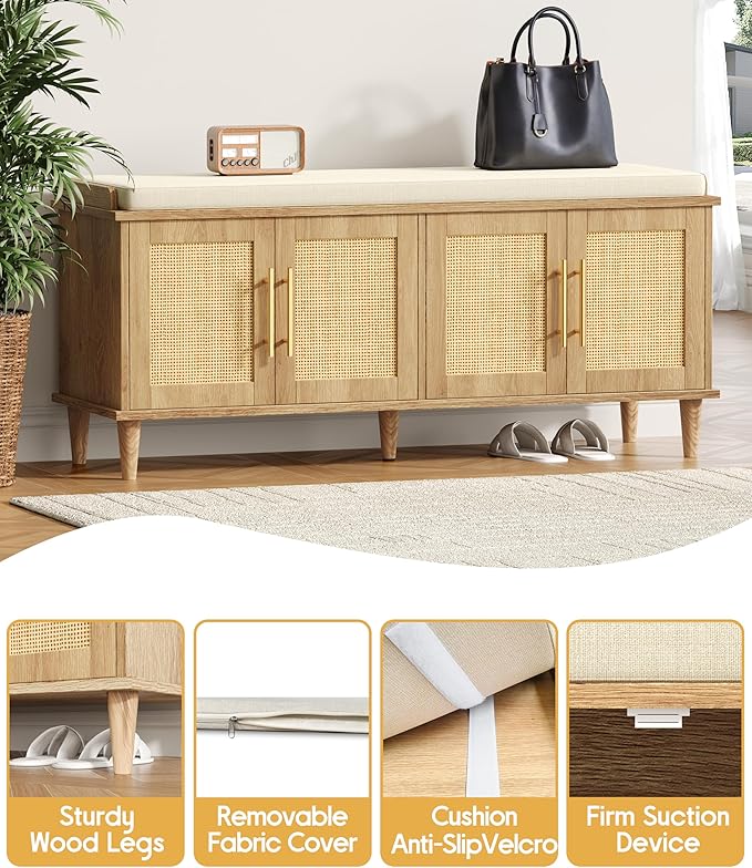 Akxomel Rattan Shoe Storage Bench with Cushion, 2-Tier Entryway Bench with Adjustable Shelves and 4 Doors, 15" D x 47.2" W x 20" H, Solid Wood Legs, for Hallway, Living Room, Bedroom, Natural Oak