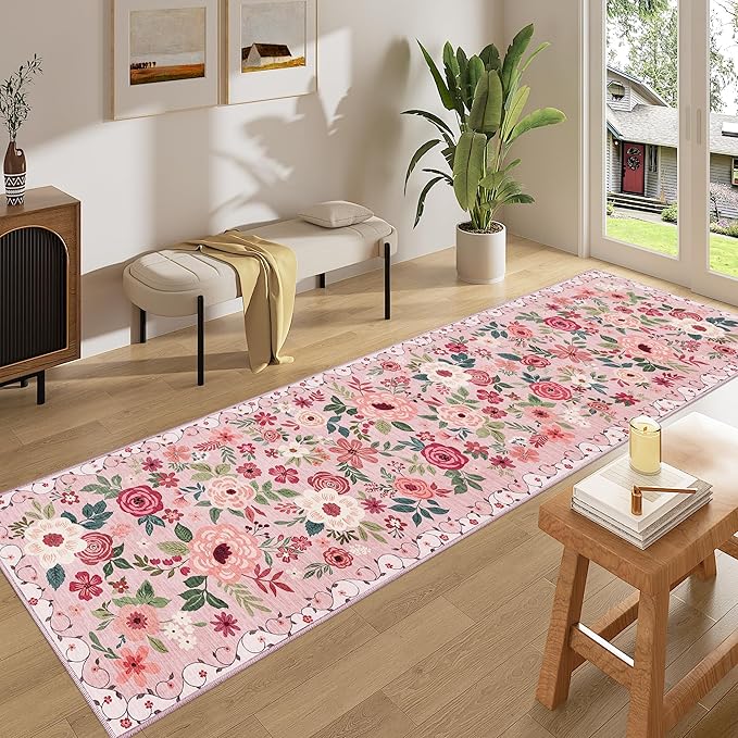 DUKINO 2x8 Runner Rug for Hallway, Washable Kitchen Runner Rug with Rubber Backing Non Slip, Low Pile Soft Boho Floral Thin Carpet for Entryway, Hallway, Bathroom, Laundry Room, Pink
