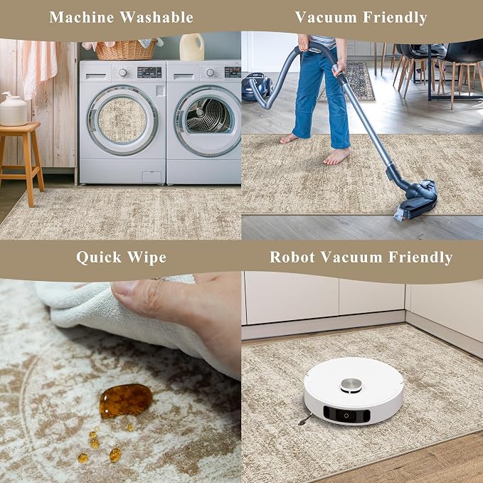Kitchen Rugs Sets of 3,Washable Non-Slip Kitchen Mats for Hardwood Floor, Boho Farmhouse Kitchen Runner Rug for Sink,Entryway & Hallway & Bathroom (Beige Brown, 2x3+2x4+2x5)