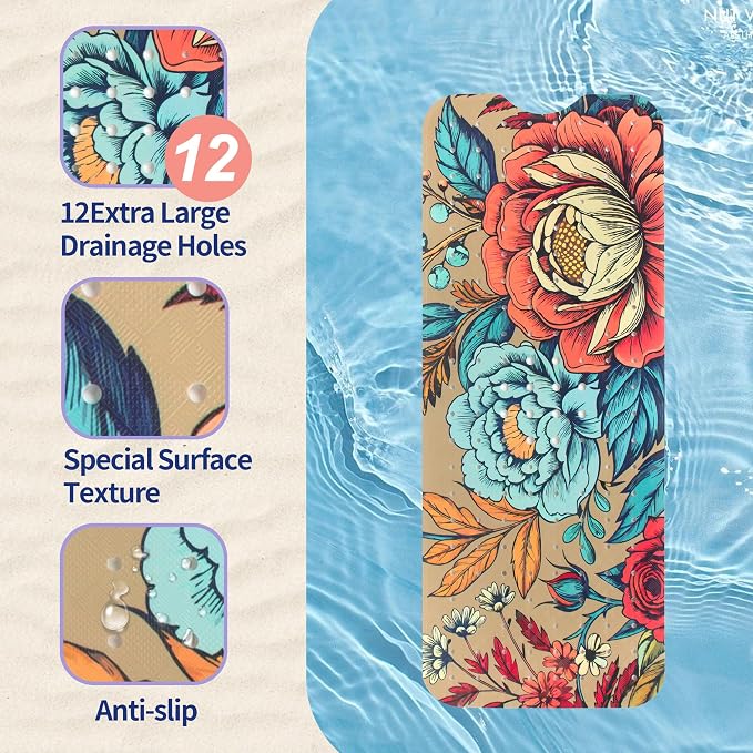 Bohemia Floral Bathtub Mat Non Slip for Kids 40x16in Extra Long Anti Slip Bath Mat for Tub Boho Flower Bath Shower Mat with Large Drain Holes and Suction Cups Vintage Plant Design Bathroom Decor