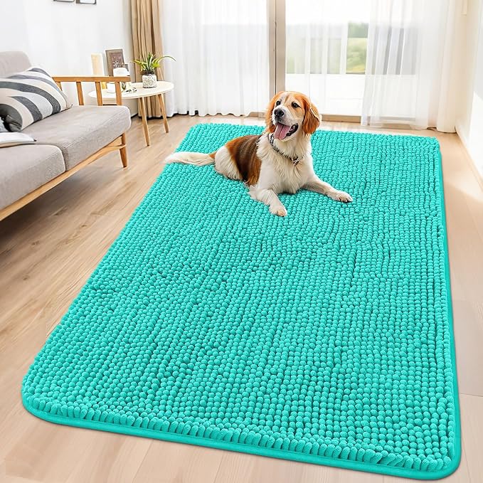 Smiry Dog Door Mat for Muddy Paws 59x32, Absorbent Dirt Trapper, Non-Slip Washable Chenille Entryway Rug for Inside Floor, Teal, Classic Solid