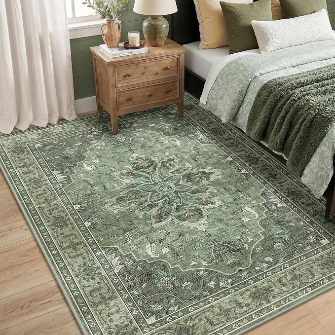 RELEANY Area Rugs 5'x7' Washable Non-Slip, Floral Vintage Distress Medallion Carpet for Living Room Bedroom Dining Room, Dark Green Gray
