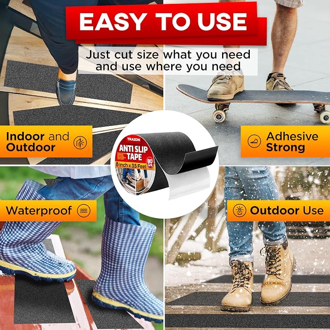 Grip Tape - Heavy Duty Anti Slip Tape for Stairs Outdoor/Indoor Waterproof 8Inch x 35Ft Safety Non Skid Roll for Stair Steps Ramp Traction Tread Staircases Grips Adhesive Non Slip Strips Walk Black