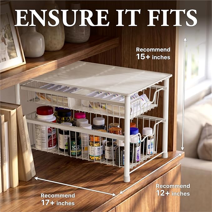 Simple Houseware Stackable Sliding Basket Organizer Drawer, White, 2-Tier