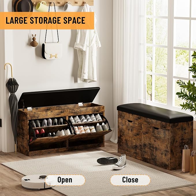 40" Shoe Storage Bench with 2 Flip Drawers & Padded Seat Cushion, Shoe Cabinet with Lift Top Storage Box, Shoe Bench Shoe Organizer for Entryway, Hallway, Living Room, Vintage Brown
