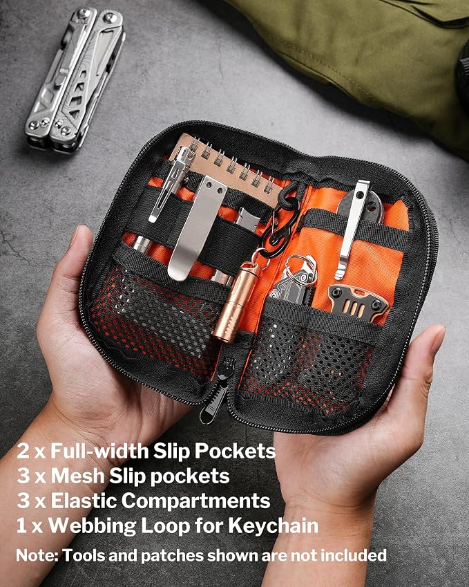 VIPERADE VE10 EDC Pouch Small Pocket Tool Pouch with 10 Compartments, Men's Pocket Organizer for Multitools, EDC Organizer with Patches Area for DIY (Black+Orange)