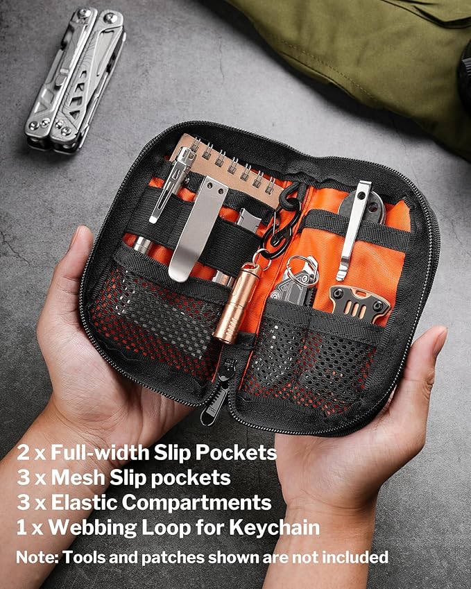 VIPERADE VE10 EDC Pouch Small Pocket Tool Pouch with 10 Compartments, Men's Pocket Organizer for Multitools, EDC Organizer with Patches Area for DIY (Black)