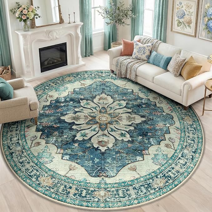 RELEANY Area Rugs Round 8ft Washable Non-Slip, Floral Vintage Distress Medallion Carpet for Living Room Bedroom Dining Room, Dark Blue Vintage