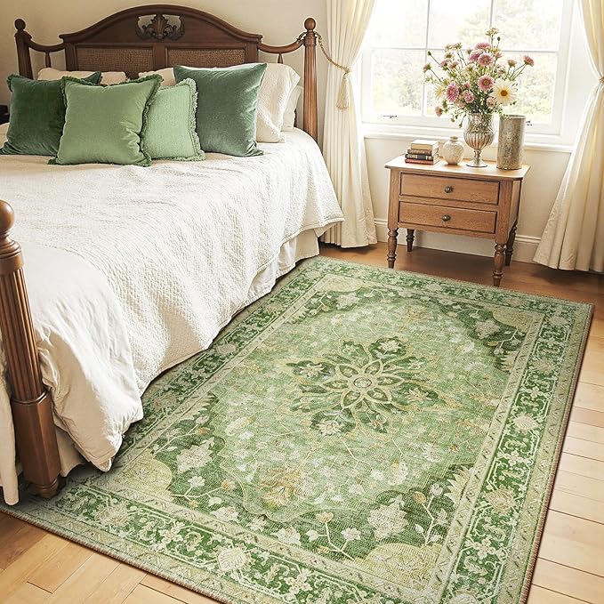 RELEANY Area Rugs 4'x5' Washable Non-Slip, Floral Vintage Distress Medallion Carpet for Living Room Bedroom Dining Room, Sage Green Yellow