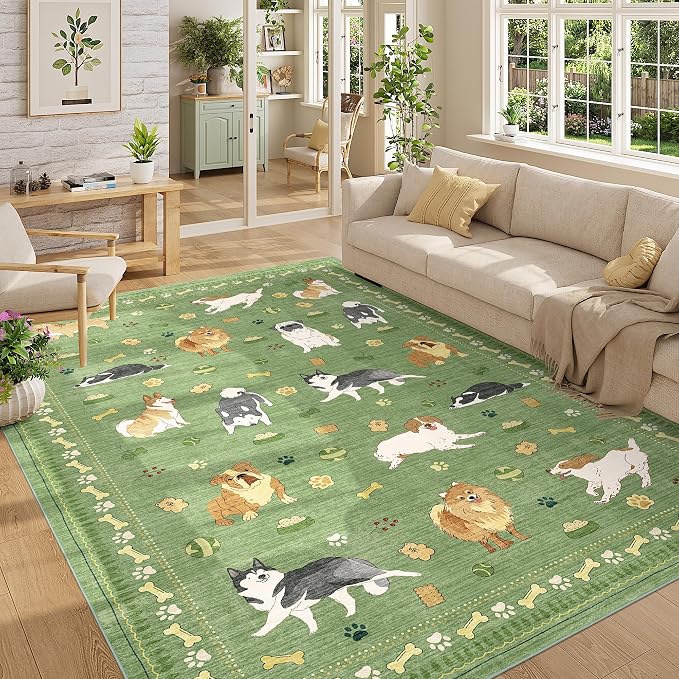 DUKINO 6x9 Rug for Living Room, Lightweight Animal Dog Print Washable Area Rug, Soft Non Slip & Low Pile Floor Mat, Stain Resistant Large Carpet for Bedroom, Nursery, Dining Room, Kids Playroom, Green