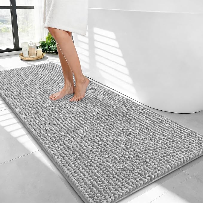 OLANLY Thick Bathroom Runner Rugs 44x24, Extra Soft Absorbent Chenille Bath Rugs, Rubber Backing, Machine Wash Dry, Long Bath Mats for Bathroom, Tub and Shower, Home Decor Accessories, Light Grey