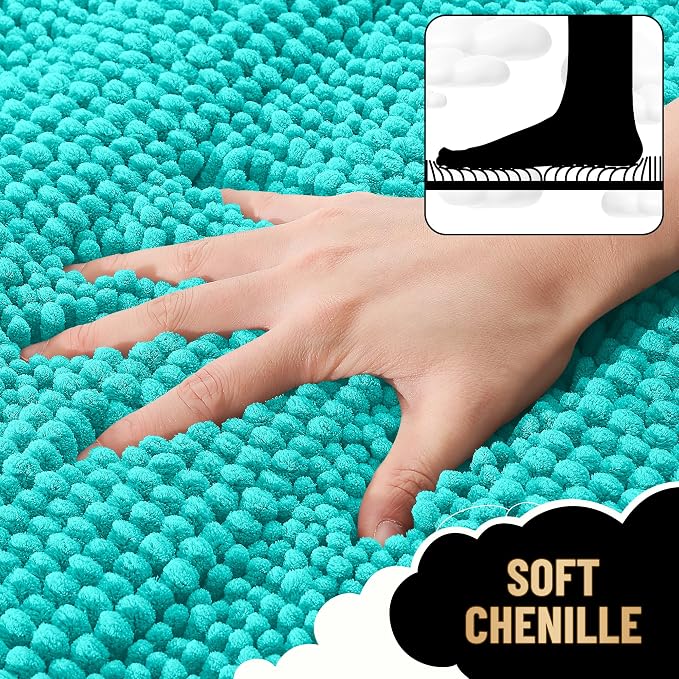 OLANLY Thick Small Bathroom Rugs 24x16, Extra Soft Absorbent Chenille Striped Bath Rugs, Rubber Backing, Machine Wash, Bath Mats for Bathroom Floor, Tub and Shower, Home Decor Accessories, Teal