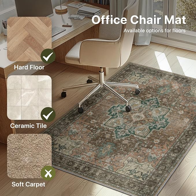 48"x72" Office Chair Mat for Hardwood Tile Floor, Under Desk Carpet Protector for Rolling Computer Chair Mat, Machine Washable Area Rug, Anti-Slip 1/5" Thick Low Pile Thin Vinyl Floor Mat, Rosewood