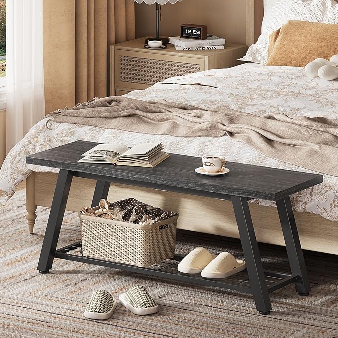Oastreeful Industrial Entryway Bench Rustic Wood and Metal Storage Bench for Indoor Living Dining Room Bedroom Long Shoe Benches Seat (Charcoal Black)