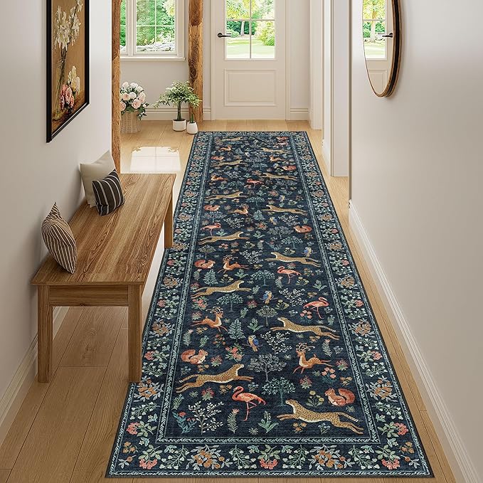 DUKINO Washable 2.6x10 Runner Rug, Non Slip Animal Print Runner Rug for Hallway, Vintage Low Pile & Stain Resistant Soft Indoor Carpet Runner for Kitchen, Bathroom, Laundry, Bedroom, Navy Blue