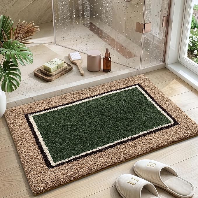 DEXI Bathroom Rugs 24x16, Absorbent Extra Soft Plush Microfiber Bath Mat for Bathroom, Non Slip Washable Bathmat Quick Dry for Shower Floor, Sink, Tub, Laundry Room, Beige and Green