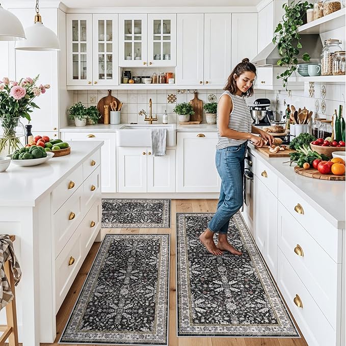 3-Piece Washable Kitchen Rug Set of 3 with Runner – Non-Slip Boho Kitchen Mats for Hardwood Floor, Sink & Entryway & Bathroom, Home Decor (Black,2x3+2x4+2x5)