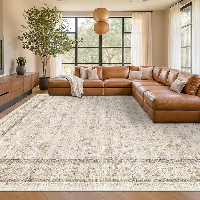 Hazo Haus Washable Ivory Beige Living Room Rug, 8x12 Non Slip Area Rugs for Bedroom, Dining Room Under Table, Low Pile Neutral Farmhouse Vintage Foldable Décor