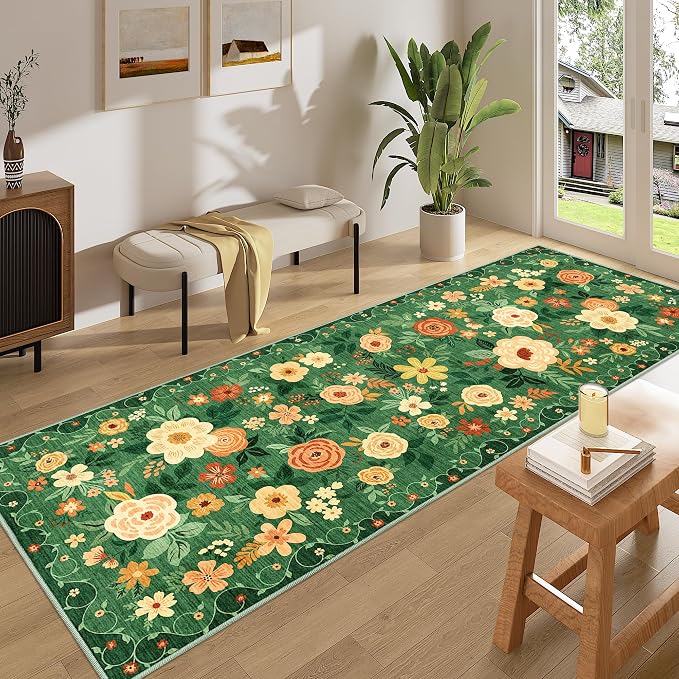 DUKINO 3x8 Runner Rug, Washable Rug for Kitchen with Non Slip Backing, Soft Non Shedding & Low Pile Design Long Floor Carpet Runner for Hallway, Bathroom, Entryway, Laundry, Dark Green