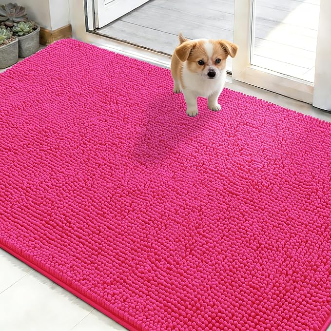 OLANLY Dog Door Mat for Muddy Paws 48x30, Absorbs Moisture and Dirt, Absorbent Non-Slip Washable Doormat, Quick Dry Chenille Mud Mat for Dogs, Entry Indoor Entryway Carpet for Inside Floor, Hot Pink