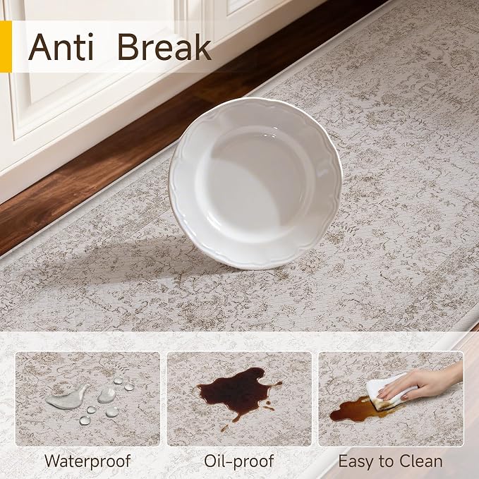 PureCozy Kitchen Mats 2PCS Anti Fatigue Cushioned Mat Light Brown Vintage Kitchen Mats for Floor Waterproof Non Slip Comfort Standing Retro Floral Rug for Sink Laundry Office 17.3"x47"+17.3"x30"