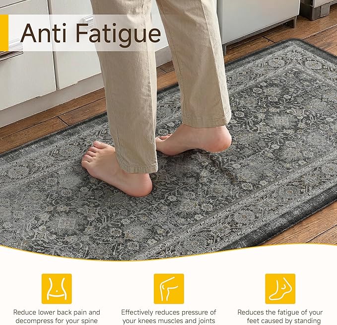 PureCozy Kitchen Mats 2PCS Anti Fatigue Cushioned Mat Black Vintage Kitchen Mats for Floor Waterproof Non Slip Comfort Standing Distressed Rug for Sink Laundry Office 17.3"x47"+17.3"x30"