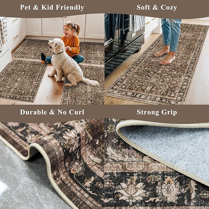 Washable Non-Skid 3 Piece Kitchen Rugs Set – Modern Boho Floral Low-Pile Area Rugs and Runner for Entryway, Bathroom, Hallway – Decorative Small Indoor Rugs (Brown, 2x3+2x4+2x5)