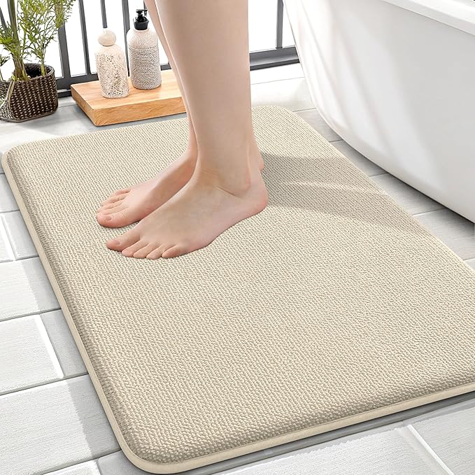 OLANLY Thick Memory Foam Small Bathroom Rugs 24x16, Extra Soft Absorbent Bathroom Mat, Quick Dry Bath Mats, Non-Slip, Machine Washable Carpet for Bathroom, Tub and Shower, Home Decor Accessories, Sand