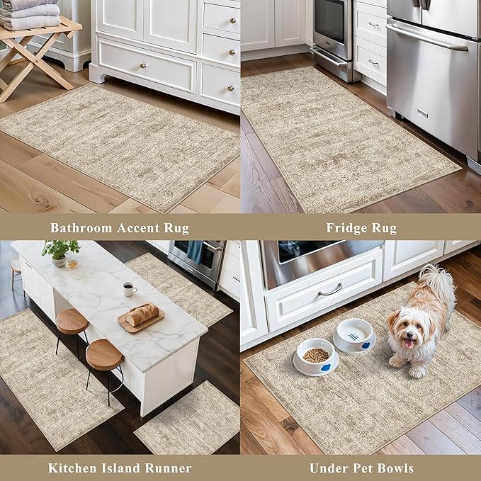 Kitchen Rugs Sets of 3,Washable Non-Slip Kitchen Mats for Hardwood Floor, Boho Farmhouse Kitchen Runner Rug for Sink,Entryway & Hallway & Bathroom (Beige Brown, 2x3+2x4+2x5)