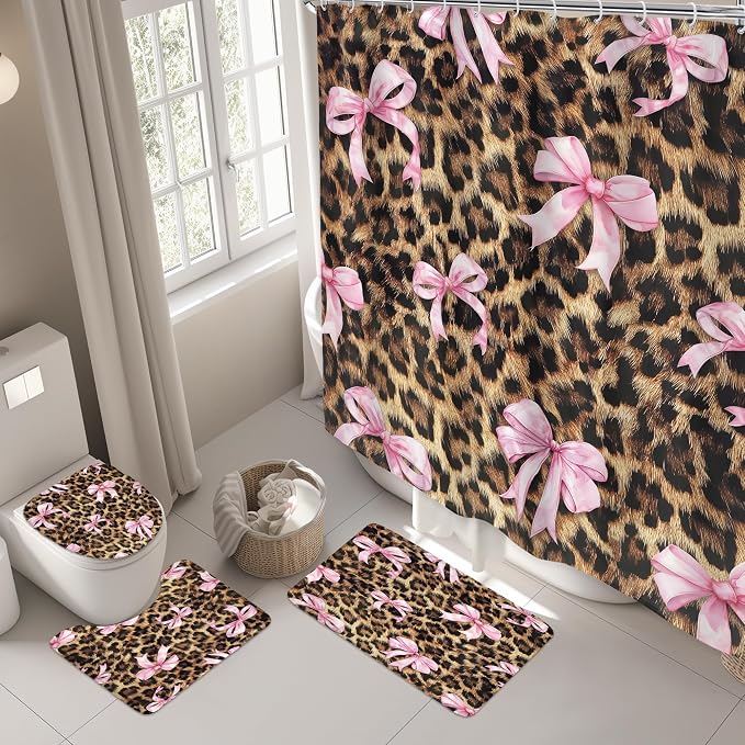 4 PCS Leopard Print Bow Shower Curtain Set 72Wx72H,Toilet Lid Cover,Non-Slip Rugs and U-Shaped Mat,Girly Pink Cheetah Bathroom Sets with Rugs Shower Accessories 12 Hooks for Bathroom Decor