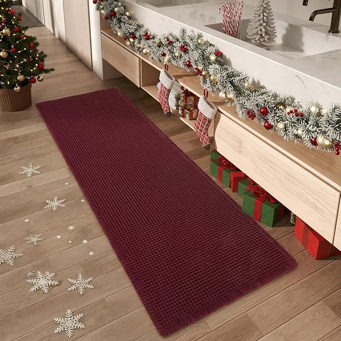 AMOAMI Upgraded Waffle Runner Rug Super Absorbent Non Slip Bath Mats for Bathroom Floor Washable Bathroom Runner Rug with Tassels, Ideal for Hallway Bedroom Laundry Room, Burgundy, 2' x 4'(24" x 48")