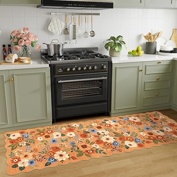 DUKINO 2.6x8 Runner Rug for Hallway, Washable Kitchen Rug with Non Slip Backing & Non-Shediing, Soft Low Pile Floral Design Runner for Bedroom, Kithchen, Living Room, Laundry, Bathroom, Orange
