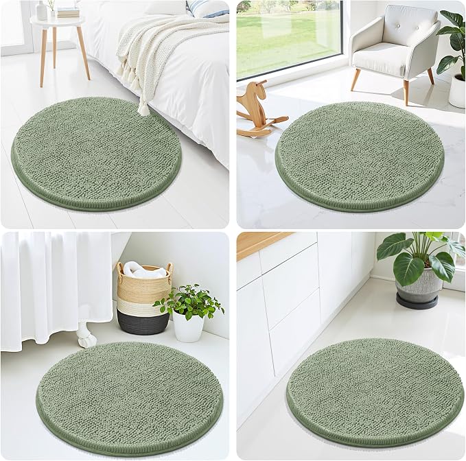 Smiry Luxury Chenille Round 24x24, Extra Soft and Absorbent Shaggy Bathroom Mat Rugs, Machine Washable, Non-Slip Plush Carpet for Tub, Shower, and Bath Room, Sage Green