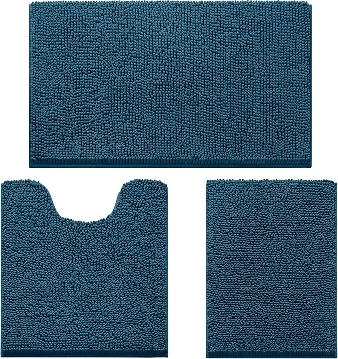 HOMEIDEAS 3 Pieces Bathroom Rugs, Extra Large Ultra Soft Non Slip Absorbent Chenille Toilet Bath Mat Set (Atlantic Blue)