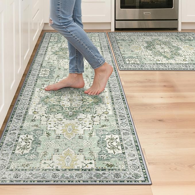 GENIMO Kitchen Rugs Non Slip Washable, 2PCS Kitchen Mats for Floor, Cushioned Standing Mat, Kitchen Runner Rug Floor Mat for Kitchen Decor, Laundry, Sink, Entryway, Home, 20"x32"+20"x59", Light Green