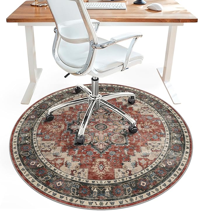 60"x60" Office Chair Mat for Hardwood Tile Floor, Under Desk Carpet Protector for Rolling Computer Chair Mat, Machine Washable Round Area Rug, Anti-Slip 1/5" Thick Low Pile Thin Floor Mat, Annatto