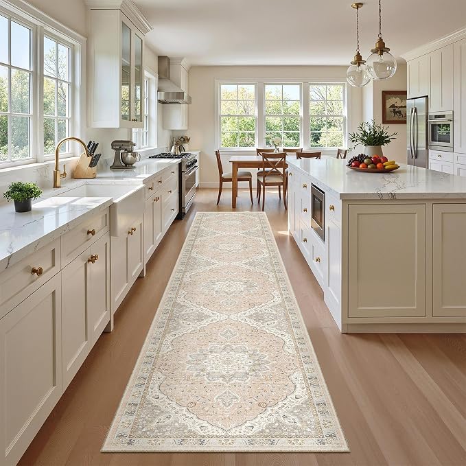Madane Hallway Runner Rug 2x12, Extra Long Washable Runner Rugs with Rubber Backing, Non Slip Carpet Runner for Hallway, Vintage Rug Runners for Kitchen Laundry Room Entryway (Pink/Gray, 2'x12')