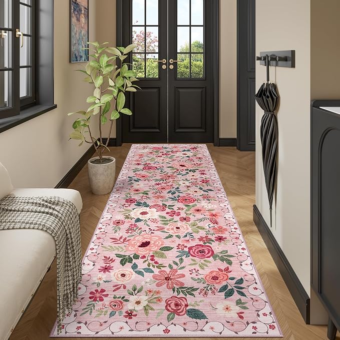 DUKINO 3x10 Runner Rug for Hallway, Washable Kitchen Floral Runner Rug with Non Slip Backing, Low Pile Soft Boho Carpet for Kitchen, Hallway, Entryway, Laundry, Bedroom, Pink
