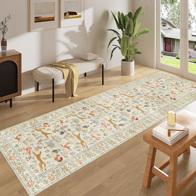 DUKINO Runner Rug, 2x8 Washable Kitchen Rugs for Hallways with Non Slip Backing, Soft Low Pile Vintage Animal Runner for Kitchen, Hallway, Entryway, Laundry, Bedroom, Beige