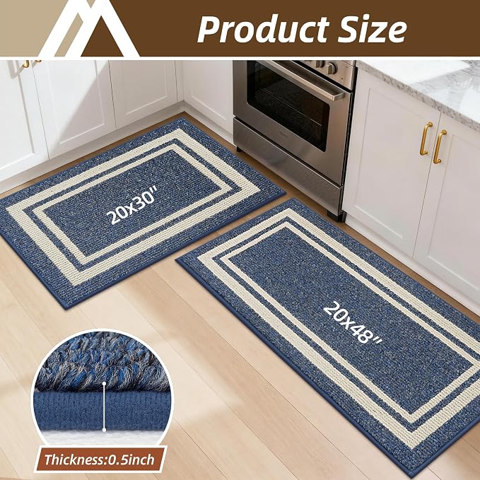 COSY HOMEER Kitchen Rugs Non-Slip 20x30/20x48 Inch Thick Polypropylene Standing Mat for Home Machine Washable, Bule Frame
