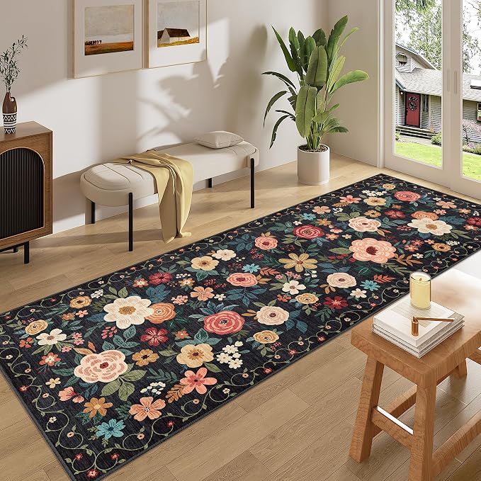 DUKINO 3x8 Runner Rug, Washable Rug for Kitchen with Non Slip Backing, Soft Non Shedding & Low Pile Design Long Floor Carpet Runner for Hallway, Bathroom, Entryway, Laundry, Black