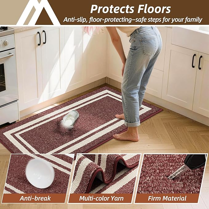 COSY HOMEER Kitchen Rugs Non-Slip 24x35/24x60 Inch Thick Polypropylene Standing Mat for Home Machine Washable, Red Frame